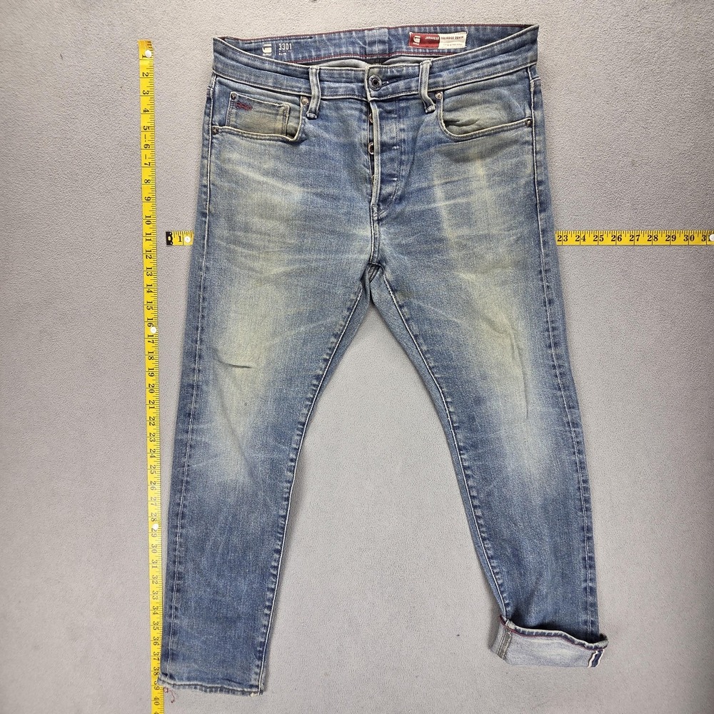 G-Star Raw Jeans Mens 32x30 Blue Selvedge 3301 Slim Japanese Denim Honeycomb